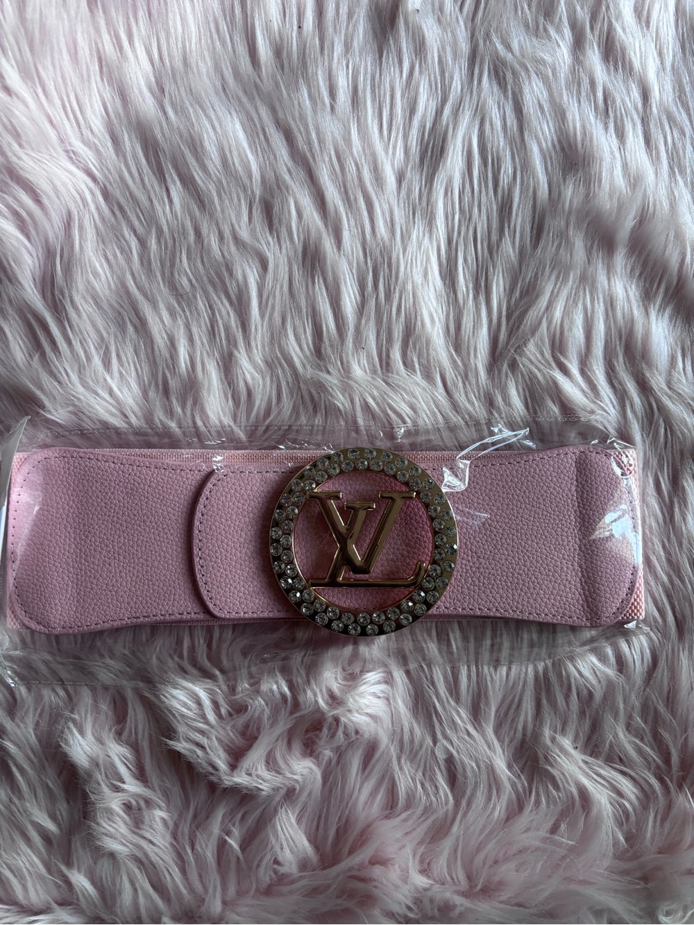 Pink Designer-Style Waist Belt with Crystal LV Buckle